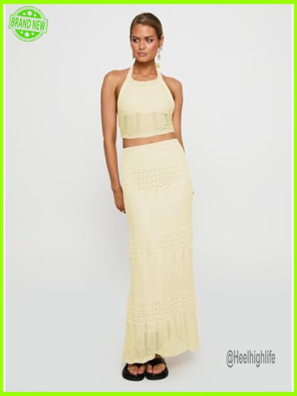 Crochet Knit Skirt Set, Halter Crop Top, Maxi Skirt, Hand Wash Only - Picture 2 of 7
